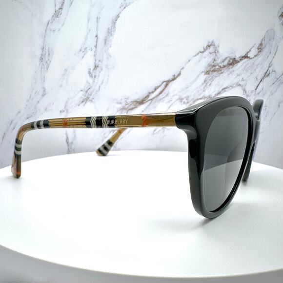 New Burberry Sunglasses Black Front Round Pantos Frame Checkered Arms Gray Lens